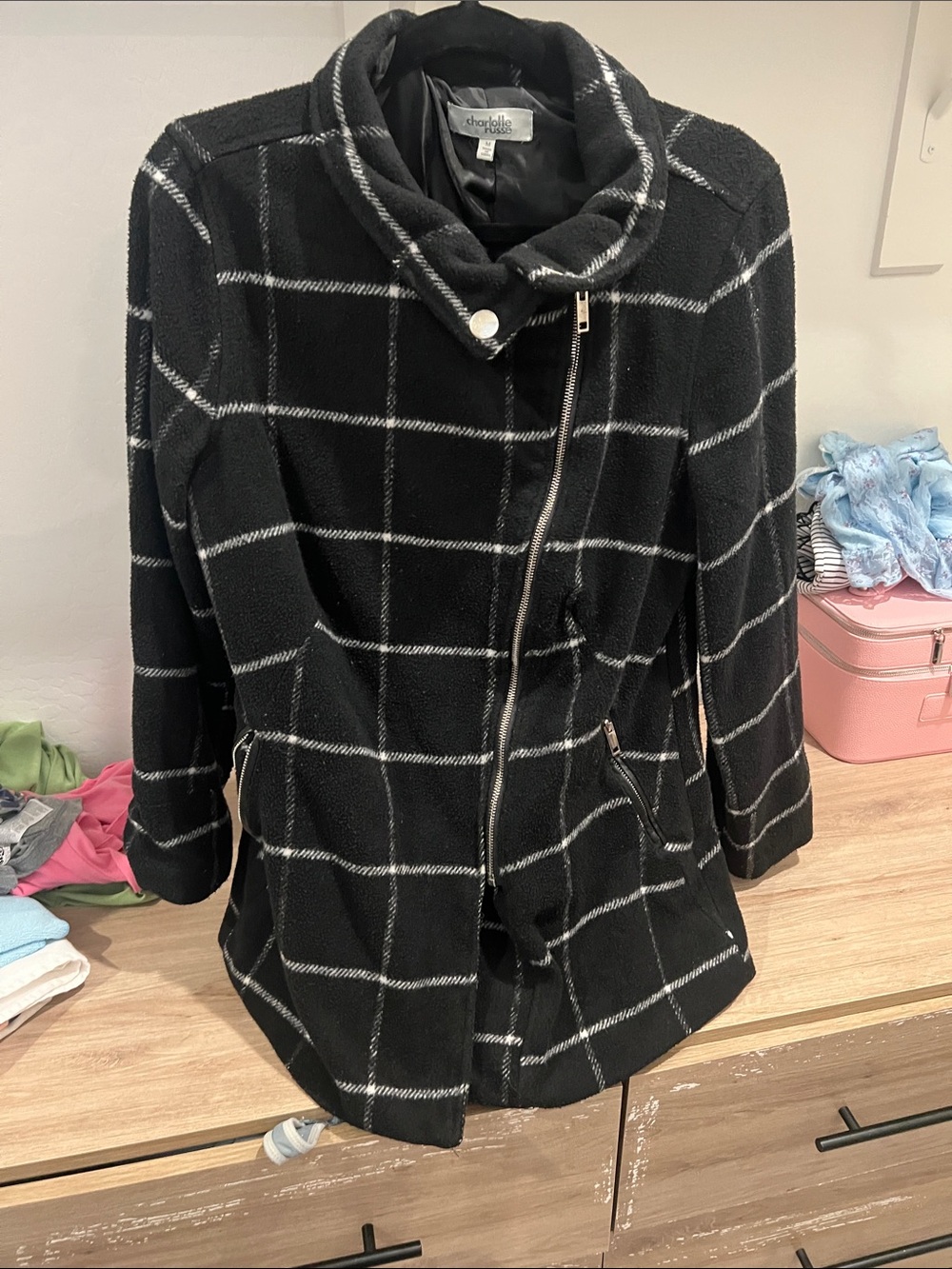 Charlotte Russe Black Windowpane Asymmetrical Zip Coat